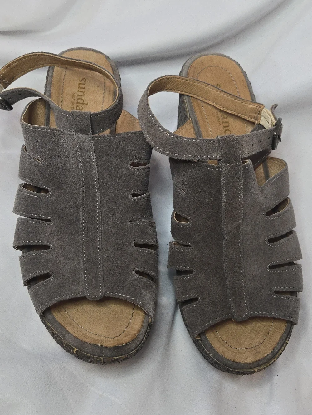 Sundance Leather Suede Wedge Sandals in Gray-Brown Ankle Strap Women's 39/8